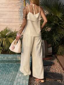 Livesso Frühlings- und Sommer-Mode Set mit gerüschtem weißem Träger-Top und weiter, gerader Hose, lässiger Urlaubs-Strand-Elegant-Büro-Stil Zweiteiler für Frauen, Boho Loungewear Sets für Frauen, Shorts Sets für Frauen - Beige - Übersicht 6