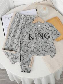 男童新款休闲复古花卉英文字母“King”运动风复古美式撞色舒适宽松圆领短袖T恤和裤子套装 - 彩色 - 查看 2