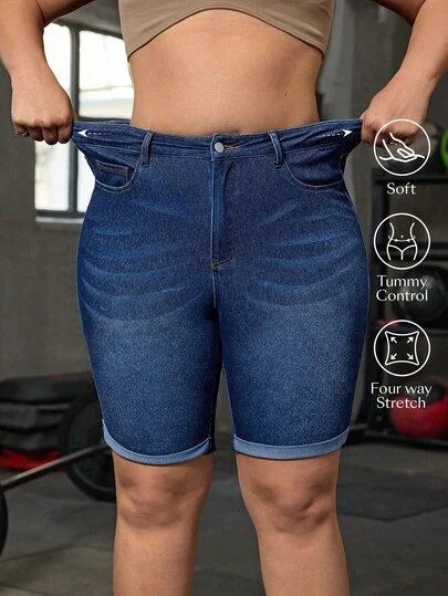Flexra 大码女式高腰口袋修身休闲百搭牛仔短裤
