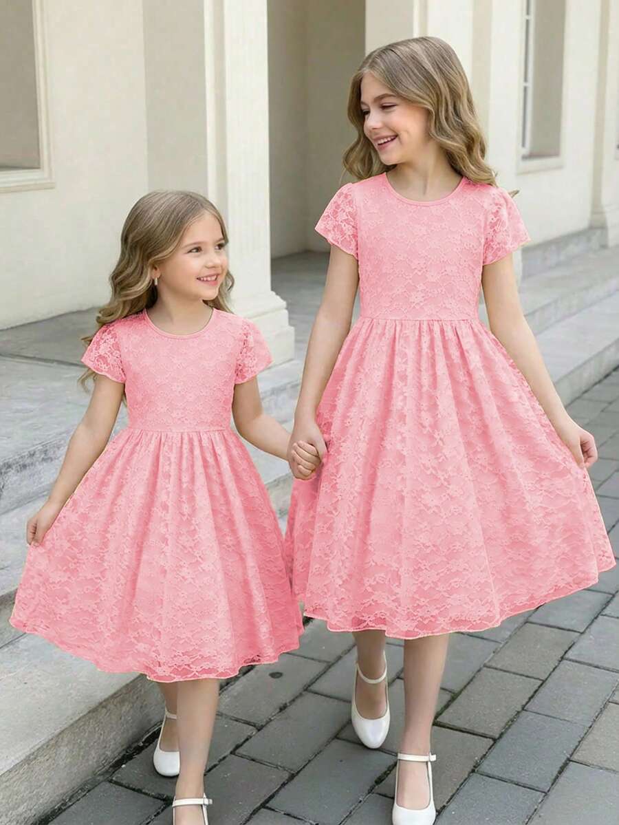 Sweet Style Yellow Lace A-Line Cap Sleeve Dress For Tween Girls, Lightweight For Spring/Summer, Suitable For Holidays And Daily Wear - Baby Pink - View 1