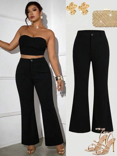 SHEIN Tall CURVE Plus Size Women's Elegant Casual Split Wide Leg Pants, Slimming Fit, Spring/Autumn