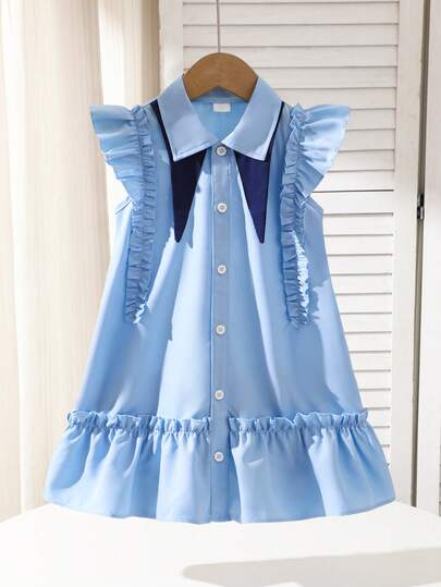 Girls Blue Asymmetrical Collar Floral Patchwork Frill Trim Button Front Dress, Comfortable Casual Loose Fit, Suitable For Spring And Summer