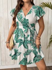 SHEIN Clasi Plus Size Summer Vacation Leaf Print Ruffle Hem Dress - Multicolor - View 5