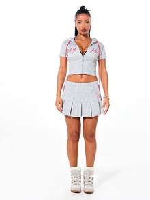 BABYPHAT 女士 Heather 短袖拉链短款连帽衫，休闲街头风运动上衣 - 灰色 - 查看 5