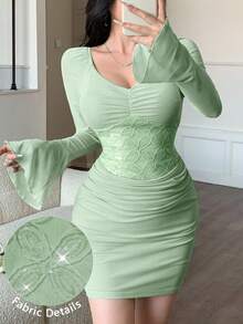Modelyn Lace & Mesh Fitted Waist Bodycon Mini Dress, Romantic Style, Spring/Summer - Mint Green - View 2