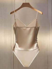 SHEIN Rosurelle Women's Elegant Champagne Gold Satin Bodysuit,Spaghetti Strap Crossed V-Neck Side Button Ruched Summer Fitted Bodysuit For Night Out - Apricot - View 2