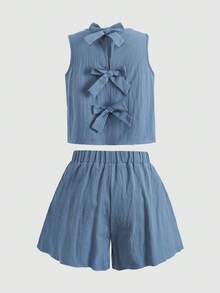 SHEIN 女童灰蓝色蝴蝶结装饰无袖上衣和短裤休闲时尚套装，适合户外活动 - 藍色 - 查看 5
