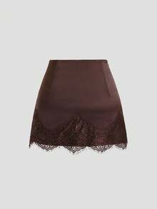 Sweetra 优雅法式复古缎面棕色花卉拼接休闲半身裙，时尚早春新品 - 棕色 - 查看 2