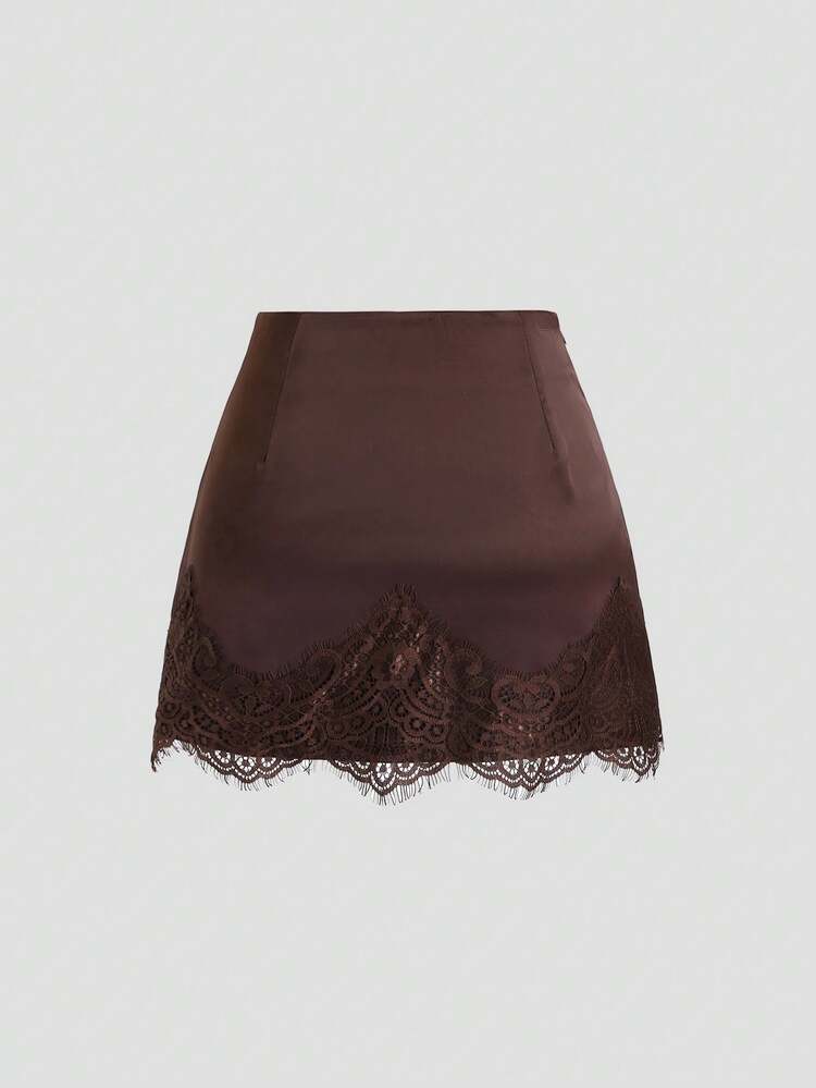 Sweetra Saia Casual de Retalhos Florais Marrom Cetim Retrô Francês Elegante, Chegada Nova Chique do Início da Primavera - Castanho - Visão 2