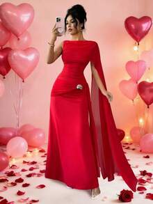 Elenzga Women's Elegant Ruched Metal Decor Party Dress, Sleeveless A-Line Cocktail Gown, Red, Spring/Summer - Fiery Red - View 7