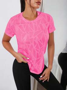 Core Rhythm 女式简约印花圆领短袖运动T恤健身衫 - 玫紅色 - 查看 5