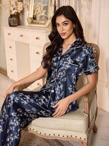 LuxeNights Floral Print Short Sleeve Pajama Set With Lapel And Button, Faux Silk Sleepwear - Navy Blue - View 6