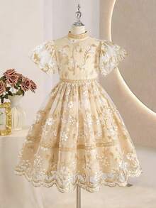SHEIN ChillGRL 1件少女优雅奢华金色刺绣网纱A字公主裙，适合派对、聚会、生日、春夏穿着 - 杏色 - 查看 3