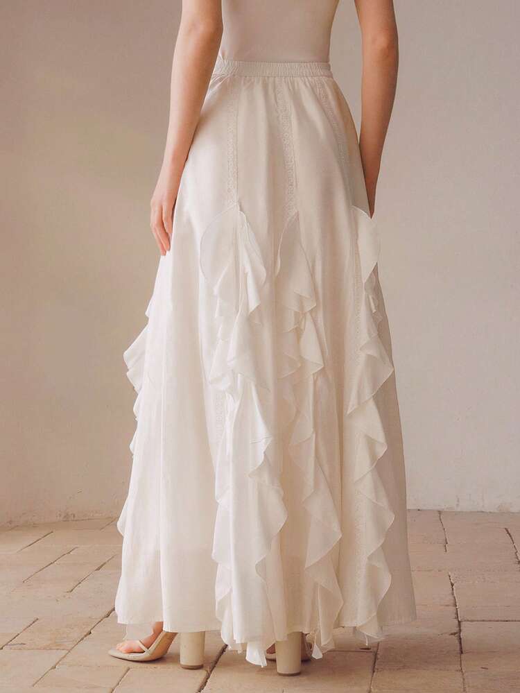 ELEGANT RUFFLE TRIM FLOWY MIDI SKIRT, VERSATILE WHITE, SUITABLE FOR SPRING/SUMMER