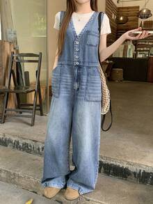 FRIFUL Women's V-Neck Pocketed Casual Versatile Everyday Denim Jumpsuit With Wide Leg - Blue - View 6