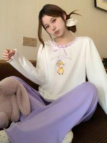 DAZY 2件套女士兔子图案宽松长袖长裤睡衣套装，秋季款 - 白色 - 查看 4