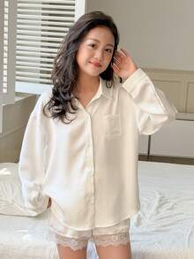 DAZY Tween Girls' Dropped Shoulder Long Sleeve Front Button Loose Casual Loungewear - White - View 8