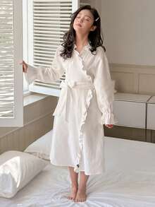 DAZY Tween Girls' Comfortable Casual Ruffle Textured Robe, Autumn - Beige - View 8