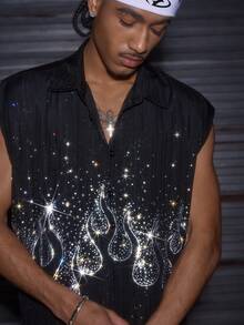 AXEPEAK Men's Rhinestone Embellished Single-Breasted Casual Shirt - Black - View 2