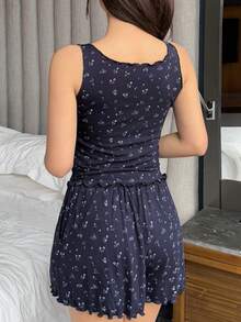 DAZY Bộ đồ ngủ mùa hè cho bé gái tuổi teen, họa tiết hoa nhí, áo hai dây cổ tròn và quần short, kiểu dáng thường ngày. - Màu xanh hải quân - Xem 7