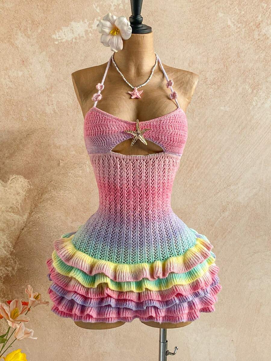 Soleia New Knitted Halter Neck Tie Strap Multi-Layer Ruffle Hem Mini Dress, Suitable For Party, Date, Valentine's Day, Easter, Carnival, Afternoon Tea, Beach, Cruise, City Vacation, Autumn/Winter Layering - Multicolor - View 1