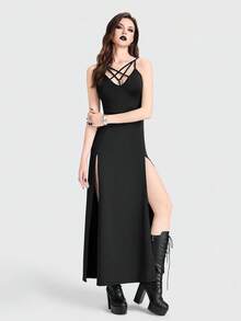 Breakform Đầm Gothic gợi cảm dành cho nữ, cổ chữ V khoét rỗng hình ngôi sao năm cánh, dây mảnh, ôm sát cơ thể, xẻ tà cao. - màu đen - Xem 1
