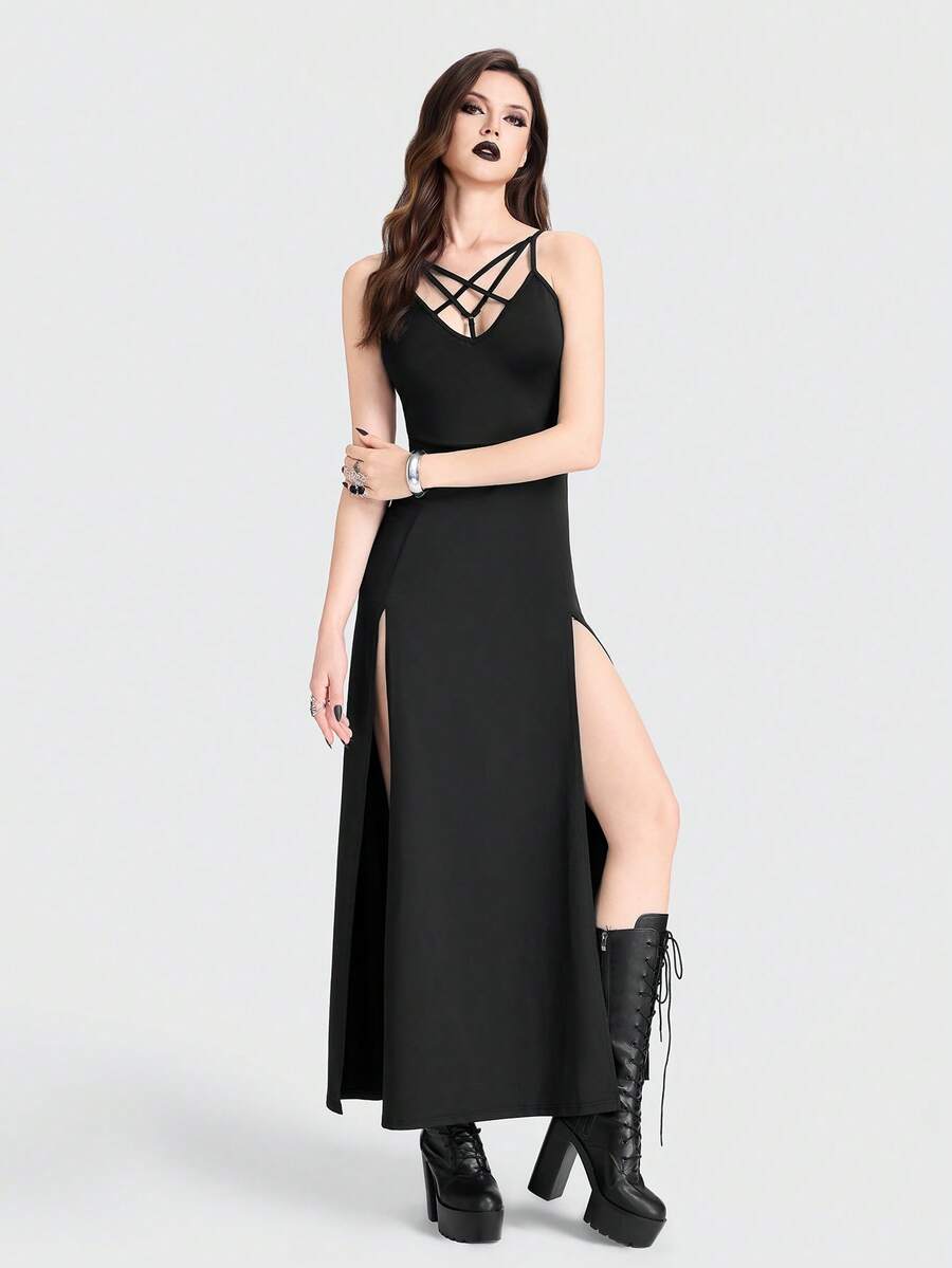 Breakform Đầm Gothic gợi cảm dành cho nữ, cổ chữ V khoét rỗng hình ngôi sao năm cánh, dây mảnh, ôm sát cơ thể, xẻ tà cao. - màu đen - Xem 1