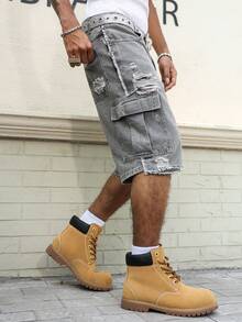 Manfinity EMRG Men's Casual Distressed Frayed Hem Grey Denim Shorts - Dark Grey - View 4