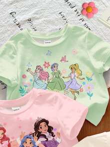 SHEIN 3件套柔软多彩，白色、粉色、浅绿色，可爱甜美优雅的卡通公主、花朵、蝴蝶结印花女童休闲圆领短袖T恤，适合春夏日常穿着、居家、度假、假日穿着。 - 彩色 - 查看 3
