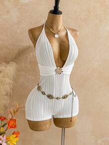 Soleia Bộ áo liền quần mùa hè gợi cảm dành cho nữ, kiểu dáng đi biển, màu trơn, chất liệu vải có họa tiết, hở lưng, buộc dây phía trước. - trắng - Xem 4