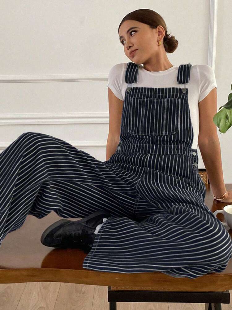 Women's Striped Pocket Wide Leg Loose Casual Denim Jumpsuit
