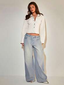 COSMINA Denim 女士休闲前扣牛仔衬衫，修身腰部，长袖牛仔上衣，适合日常穿着和通勤，优雅牛仔上衣，秋冬牛仔上衣，春季牛仔上衣，休闲牛仔，灰色牛仔上衣，日常街头风格，秋季风格。 - 杏色 - 查看 3