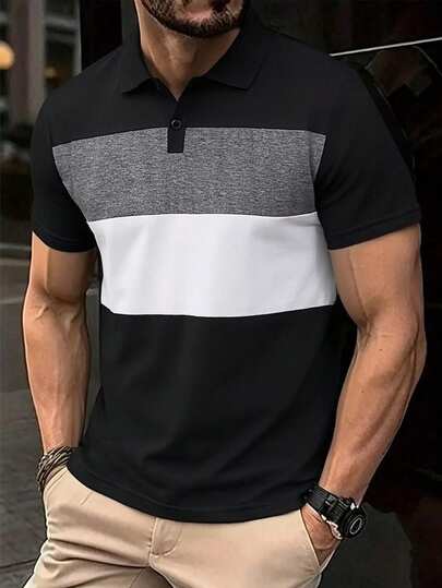 Camisa polo de manga corta con estilo universitario casual de caballero en patchwork de negro, blanco y gris para adolescentes (niños), versátil para primavera/verano