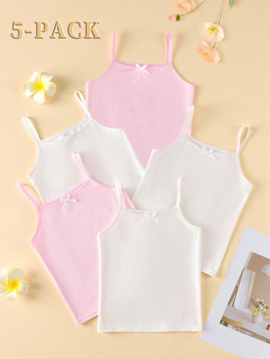 SHEIN 5件/包 女童休闲舒适牛奶丝面料简约吊带背心,带蝴蝶结装饰,适合叠穿 - 彩色 - 查看 1