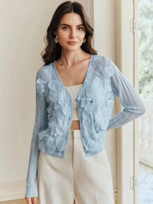 Anewsta Elegant Baby Blue Openwork Cardigan With 3D Floral Pearl Knit,Perfect For Autumn Tea Party,Spring/Summer Wedding,Formal,Holiday,Leisure,Fashionable - Baby Blue - View 3