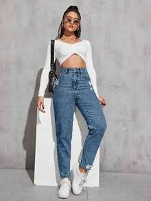 EURMUSE Women's Light Wash Distressed Tapered Casual Jeans - Blue - View 4