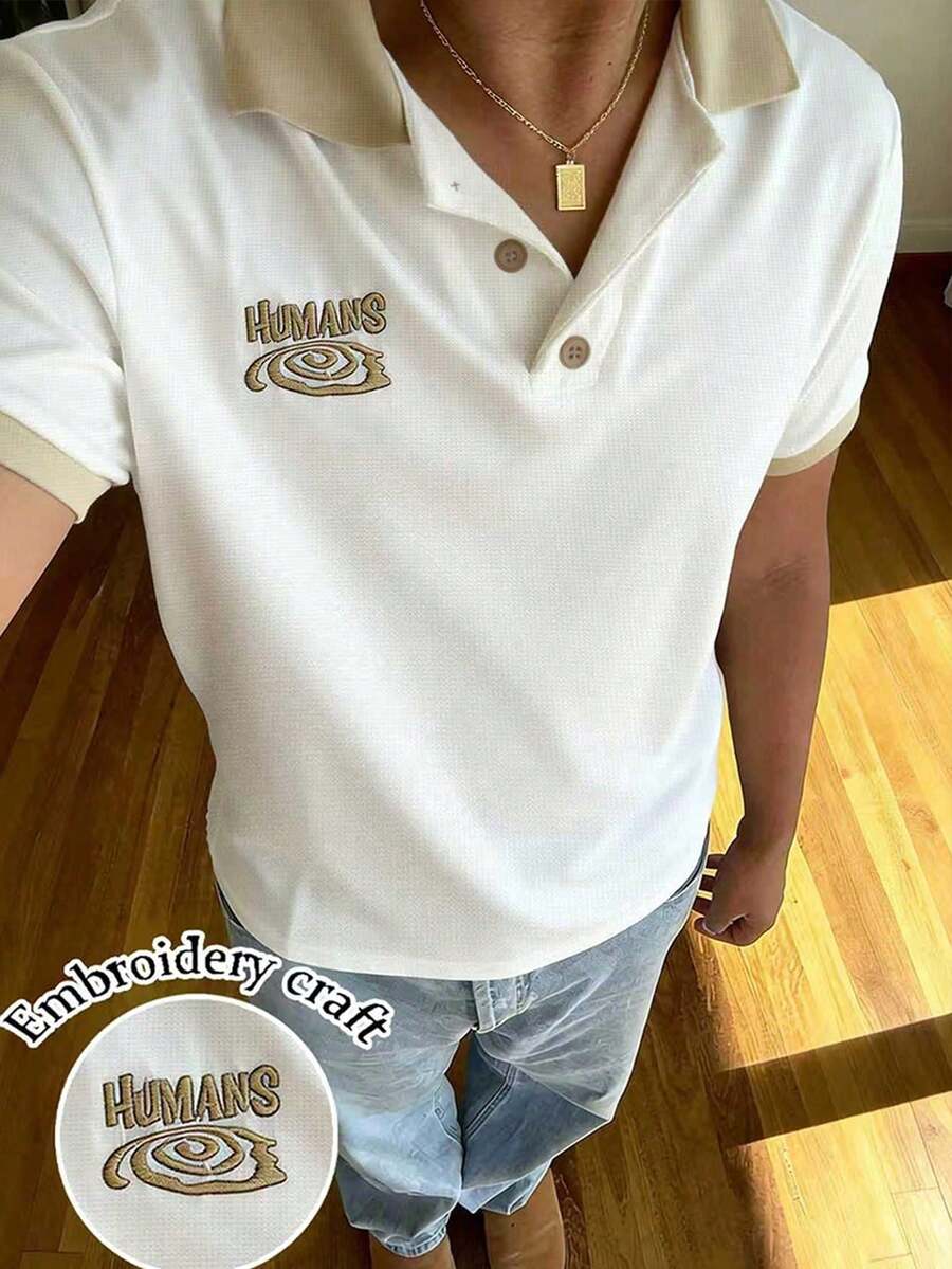 Manfinity Dauomo Men's Letter Embroidery Contrast Trim Casual Versatile Short Sleeve Polo Shirt - Multicolor - View 1