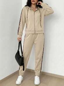 SHEIN Cottnline Women's Leopard Print Patchwork Zip Front Hoodie And Pants Casual 2 Pieces Set - Beige - View 4