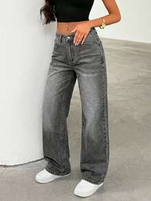 SHEIN Tall Women's Pocket Loose Wide Leg Casual Versatile Jeans - Grey - View 1