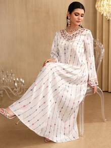 Al Najma Elegant V-Neck Beaded Floral Flare Sleeve Dress, Spring/Summer - Multicolor - View 9