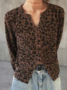 FRIFUL Women's Leopard Print V-Neck Single-Breasted Casual Everyday Long Sleeve T-Shirt - Brown - View 8