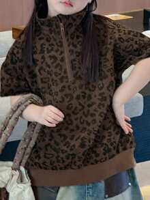 Dazy Kids Leopard Print Zip-Up Casual Short Sleeve Sweatshirt For Young Girls - Brown - View 6