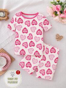 2 pièces/Set Pyjamas ajustés pour jeunes filles, haut à manches courtes et short imprimés de cœurs roses et de lettres, élégants et . Printemps/Été - Rose bonbon - Voir 3