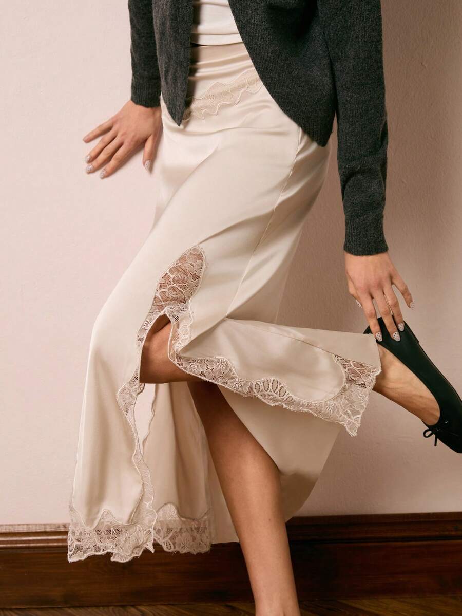 Easelle 女士撞色蕾丝开衩下摆优雅半身裙 - 杏色 - 查看 1