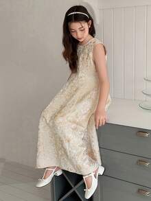 DAZY Tween Girl Floral Jacquard Sleeveless Round Neck Fashion Party Dress - Apricot - View 7