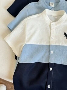 3pcs/Set Young Boy Casual Colorblock Short Sleeve Shirt , Fashion, Spring/Summer - Blue - View 6