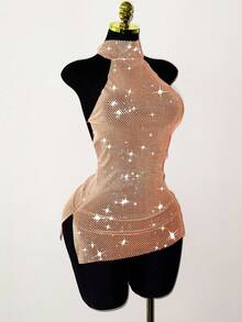 Jeanoix 女士水钻露背超短连衣裙，适合节日派对和聚会 - 藕粉色 - 查看 3