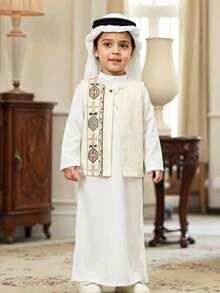 SHEIN Bộ 2 món gồm áo vest in hình sao và trăng cổ điển và áo sơ mi dài cổ đứng, trang phục thường ngày cho bé trai, thích hợp đi học, sinh nhật, mùa xuân, hè, thu. - trắng - Xem 1