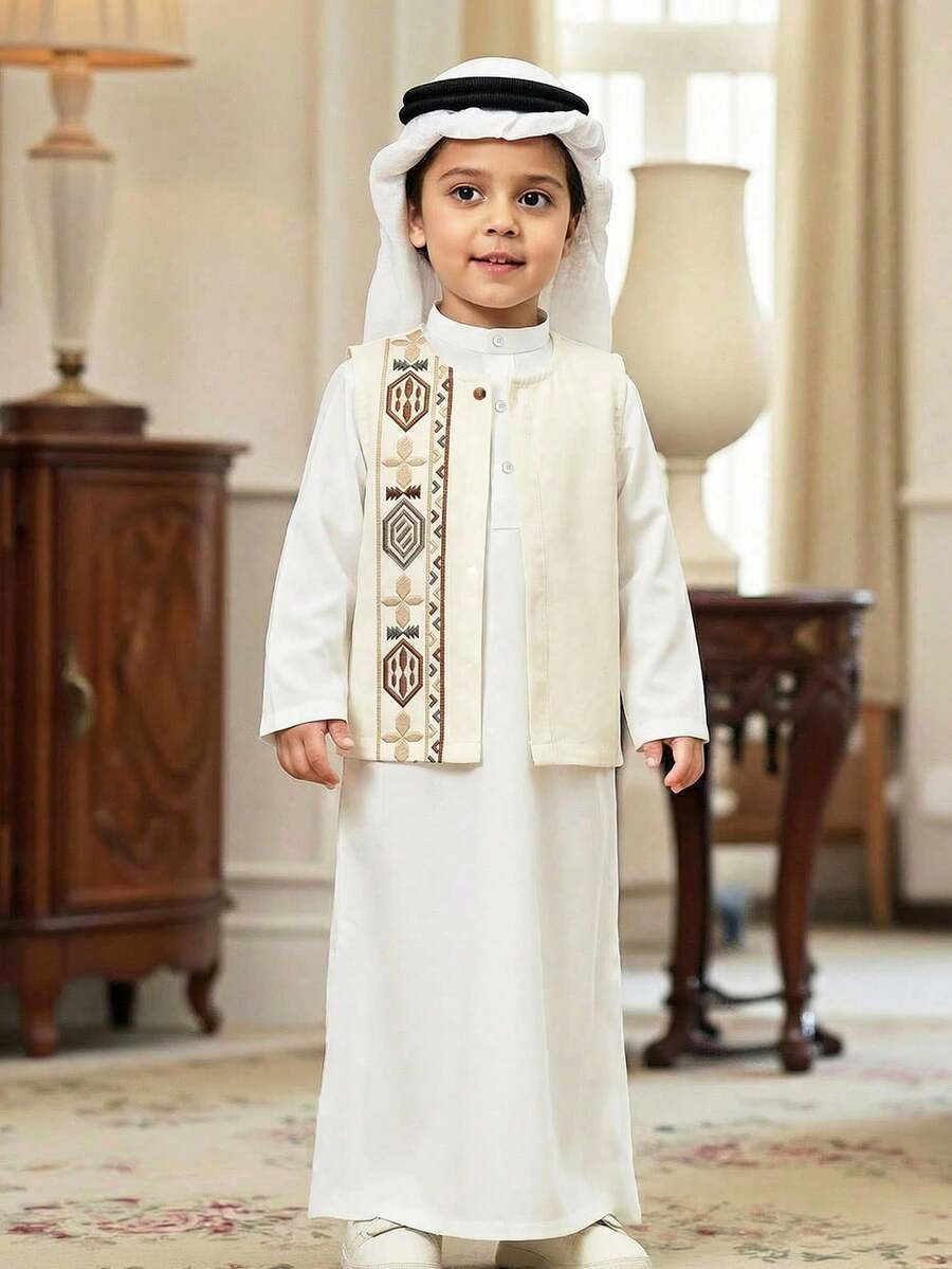 SHEIN Bộ 2 món gồm áo vest in hình sao và trăng cổ điển và áo sơ mi dài cổ đứng, trang phục thường ngày cho bé trai, thích hợp đi học, sinh nhật, mùa xuân, hè, thu. - trắng - Xem 1