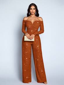 SOLERSUN Women's Fashionable Elegant V-Neck Off Shoulder Long Sleeve Party Night Club Sparkly Fabrics Jumpsuits, Suitable For Christmas Party Valentine's Day Dating - Rust Brown - View 8